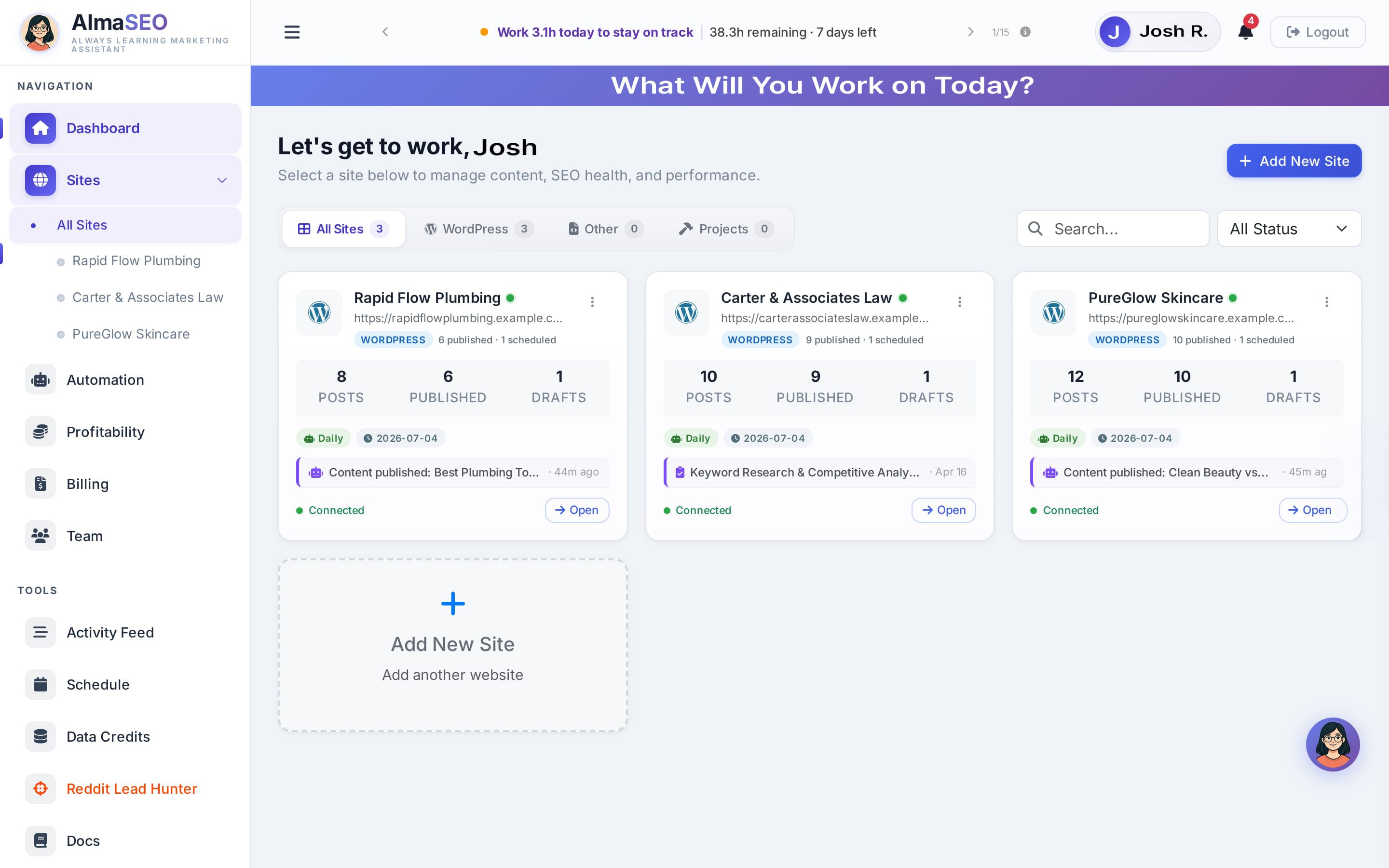 AlmaSEO command center — managing three client sites (Rapid Flow Plumbing, Carter & Associates Law, PureGlow Skincare) from one dashboard with per-site posts, publishing status, and activity feed