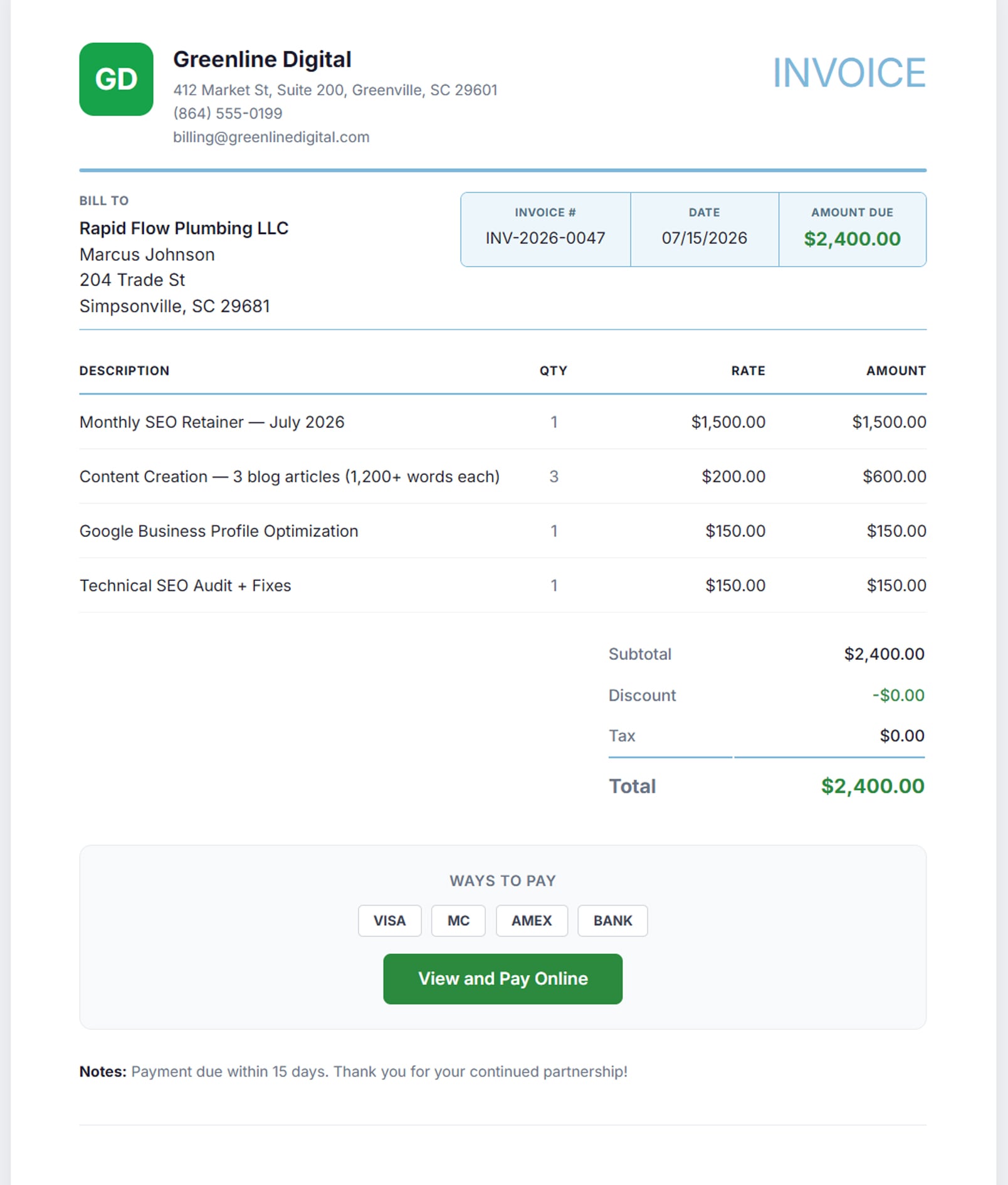 An invoice from an agency called Greenline Digital: their own logo, address, phone and billing email in the header, billed to a plumbing client, with an invoice number, date and amount due of $2,400; line items for a monthly SEO retainer, three blog articles, Google Business Profile optimization and a technical SEO audit, each with quantity, rate and amount; a subtotal, discount and tax breakdown; and a Ways To Pay panel listing Visa, Mastercard, Amex and bank, above a View and Pay Online button &mdash; with no AlmaSEO branding anywhere on it