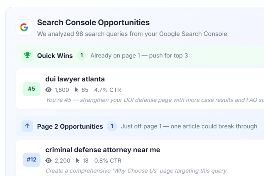 Drill into one site: Search Console Opportunities showing quick-win keywords like "dui lawyer atlanta" ranking #5 and page-2 breakthrough opportunities