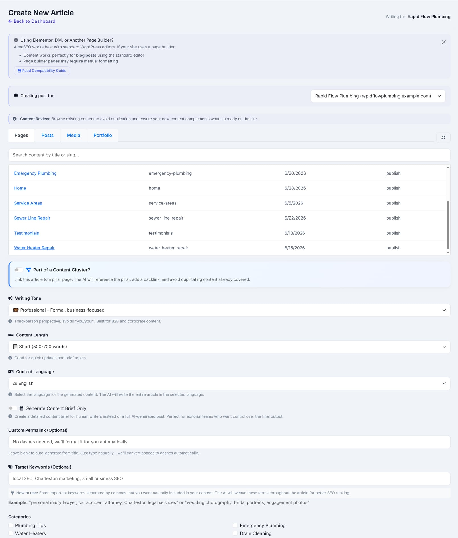 The AlmaSEO article composer, Create New Article for Rapid Flow Plumbing: a Content Review browser of the site&rsquo;s existing pages and posts with their slugs, dates and publish status, above controls for writing tone, content length, language, a content-brief toggle, custom permalink, target keywords and category checkboxes