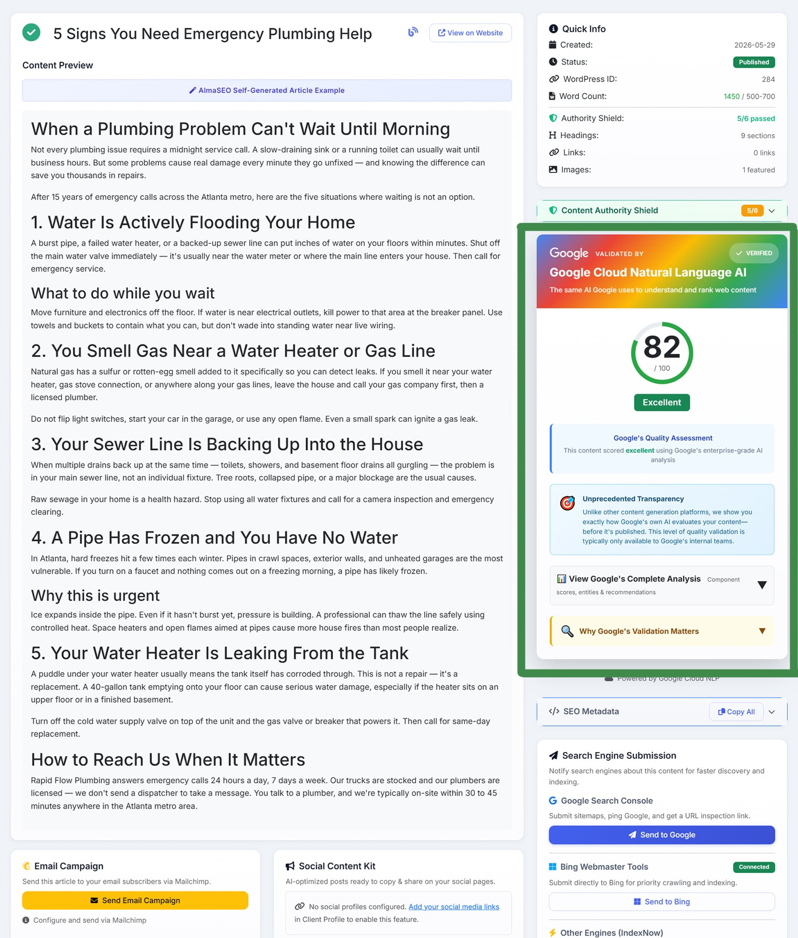 A published AlmaSEO article graded by Google Cloud Natural Language AI: a Content Authority Shield scoring the draft 82 out of 100, rated Excellent, beside a Quick Info panel showing word count, headings, links and featured image, with one-click submission to Google, Bing and IndexNow