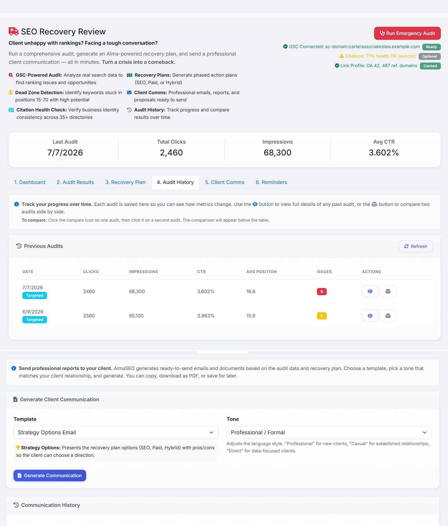 The audit history tab: a table of previous audits dated 7/7/2026 and 6/9/2026 with clicks, impressions, CTR, average position and issue count for each, and buttons to view either audit in full or compare the two side by side