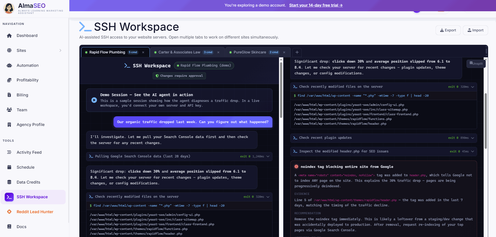 The AI Agent Workspace inside AlmaSEO — three client sites open as tabs (Rapid Flow Plumbing, Carter & Associates Law, PureGlow Skincare) with two in split-screen, the agent diagnosing a traffic drop by pulling Search Console data and inspecting recently changed files