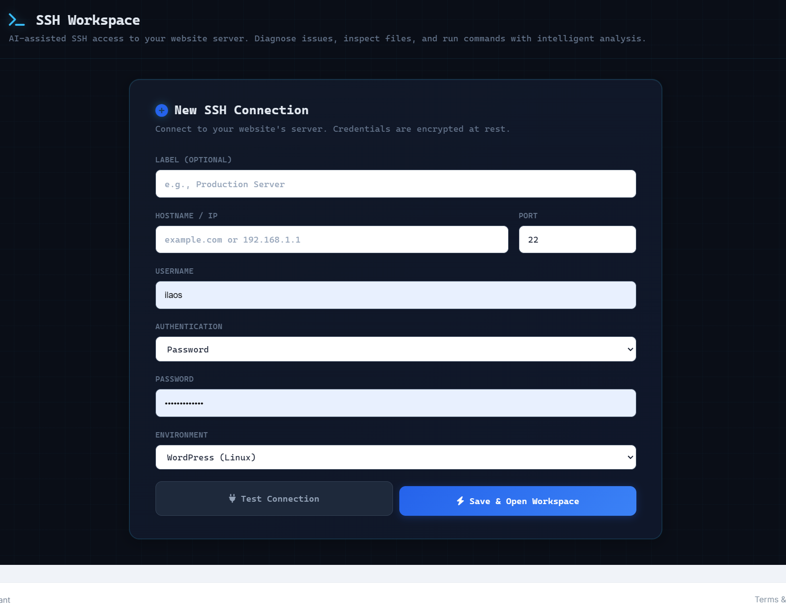 AlmaSEO's New SSH Connection form — label, hostname or IP, port, username, authentication method, password, and environment set to WordPress (Linux), with Test Connection and Save & Open Workspace actions