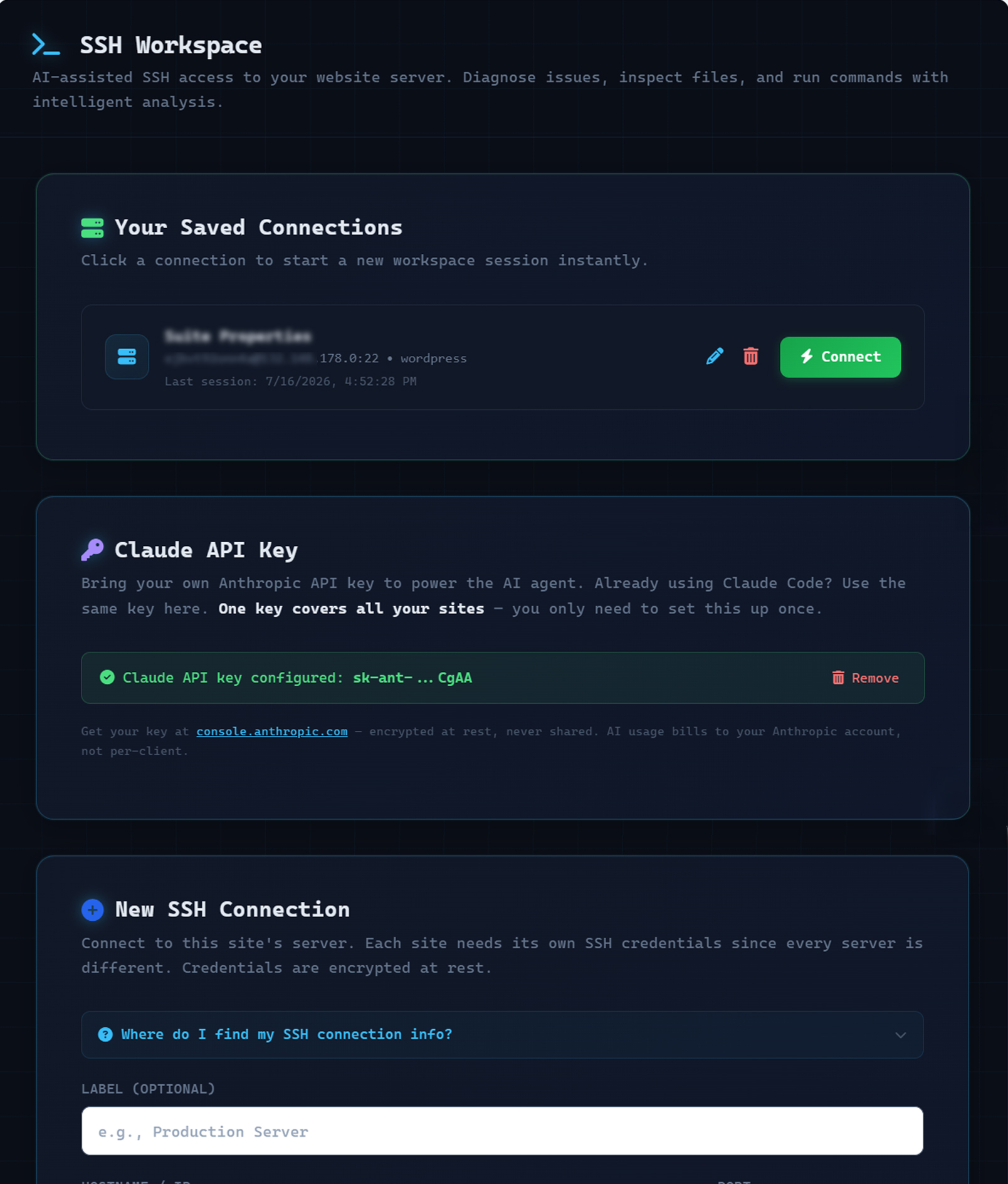 The SSH Workspace inside AlmaSEO: saved server connections you reconnect to instantly, one API key that covers every site, and a New SSH Connection form &mdash; credentials encrypted at rest