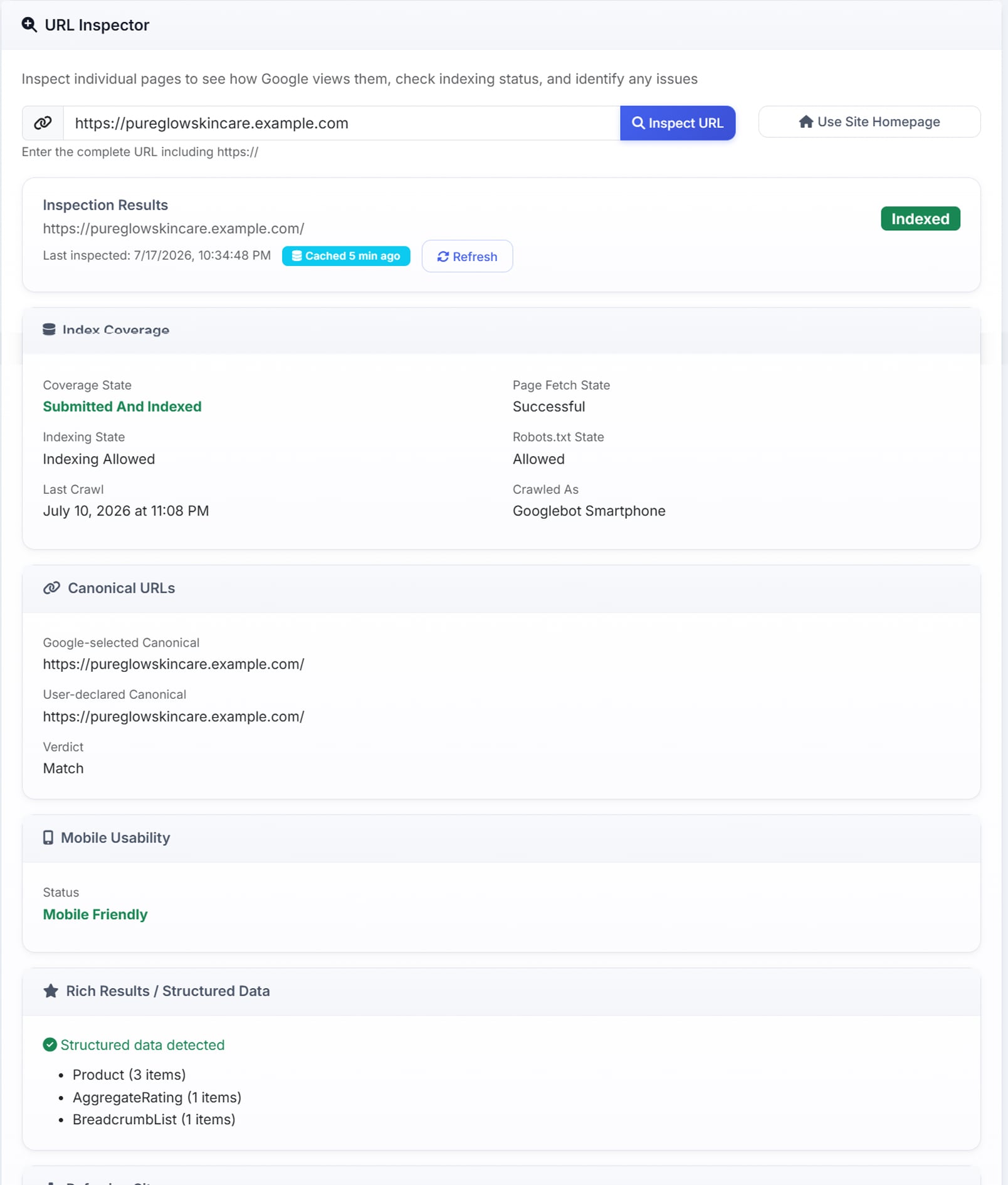 The URL Inspector: a page inspected against Google and reported Indexed — coverage state 'Submitted and indexed,' indexing allowed, robots.txt allowed, last crawl date and crawled-as Googlebot Smartphone; the Google-selected and user-declared canonicals matching; a mobile-friendly status; and the rich-result structured data detected on the page