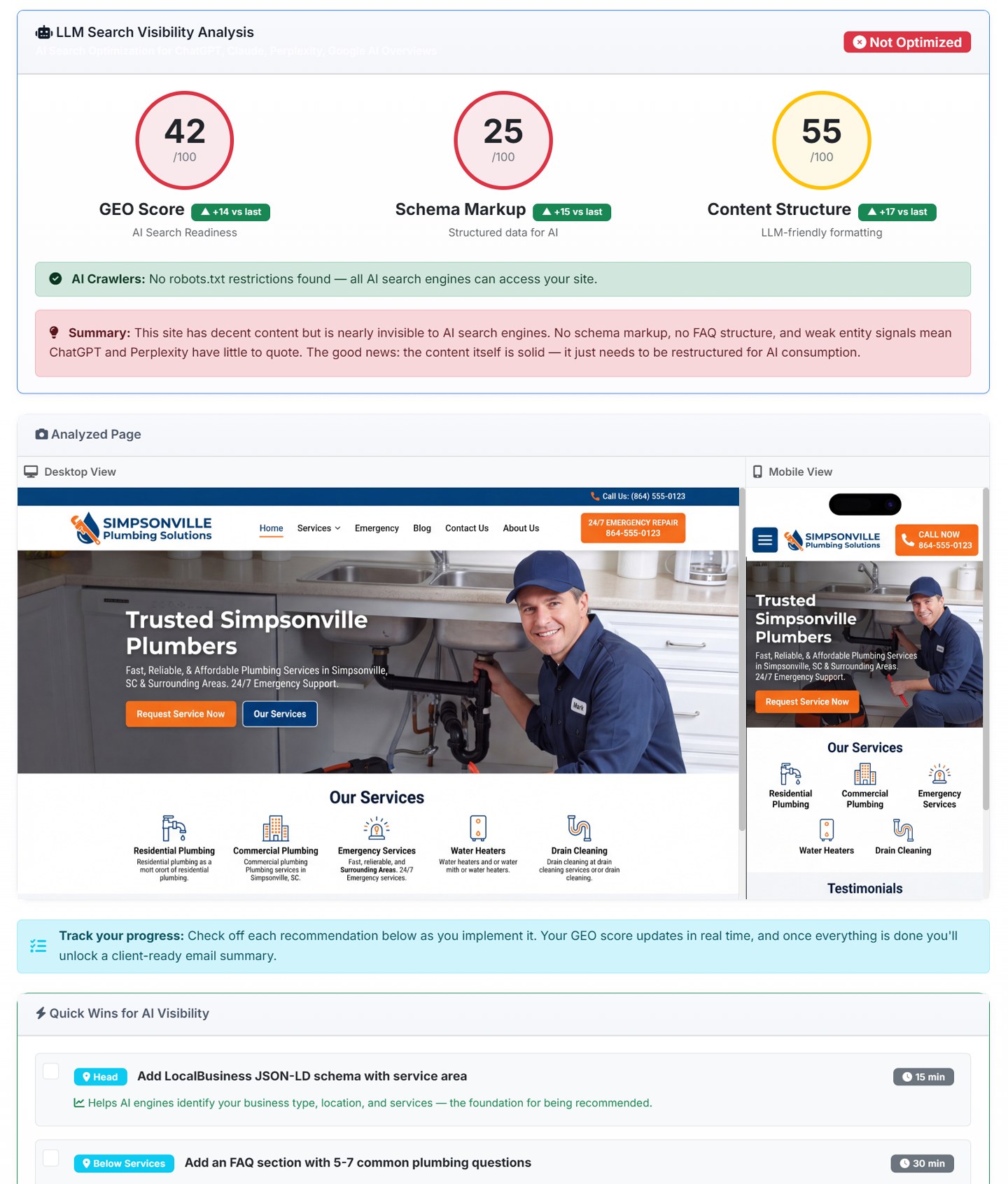 AlmaSEO's AI search readiness analysis scoring a client page — GEO score, schema markup, and content structure, each with a change-vs-last-scan delta badge and prioritized fixes