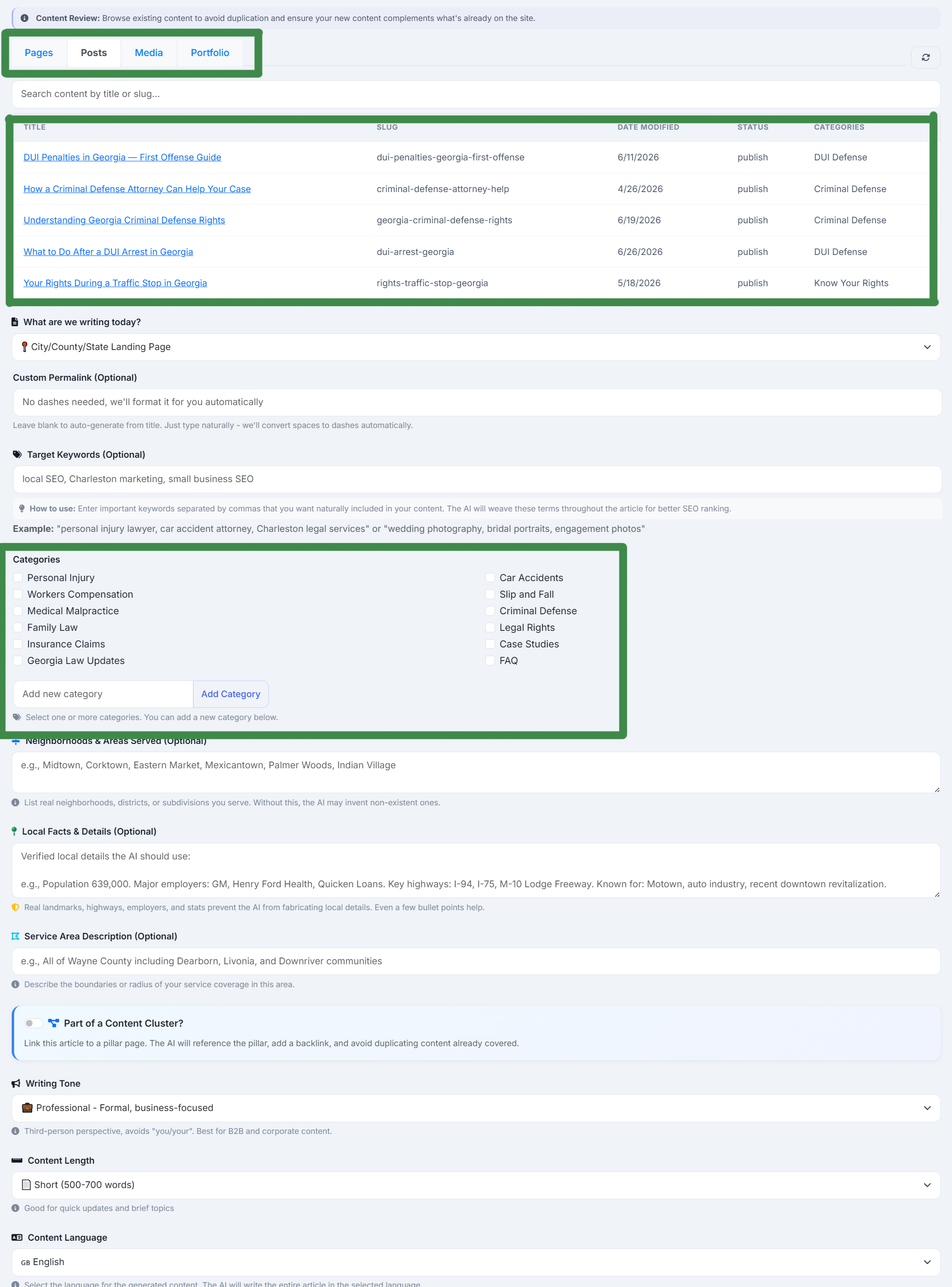 The Content Review panel inside AlmaSEO: existing WordPress posts pulled live from the connected site — title, slug, date modified, publish status and category — sitting directly above the article composer, so you see what you&rsquo;ve already published before you write something new